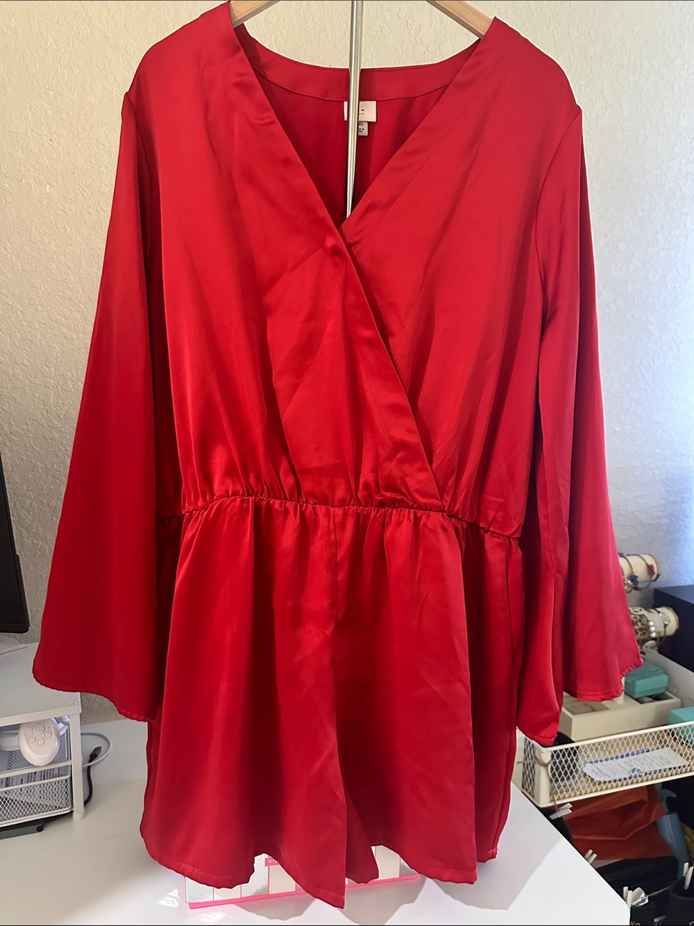 A New Day Red Satin Wrap Long SleeveRomper